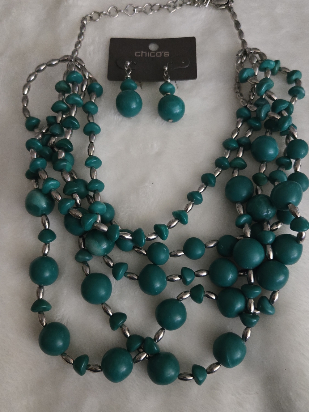 Chico's Teal Multi-Strand Beaded Necklace with Matching Drop Earrings - Picture 2 of 7